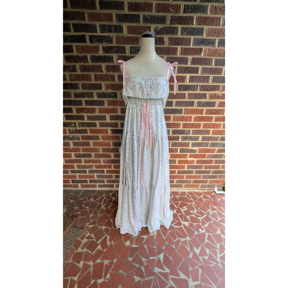 Handmade Floral Maxi Dress-Cottagecore-Ribbon Straps-Ruffle Sundress -One Size